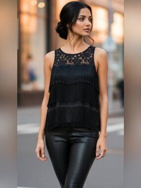 WHBM Flapper Style Black Sleeveless Fringe Top SZ XS Lace Yolk Neckline